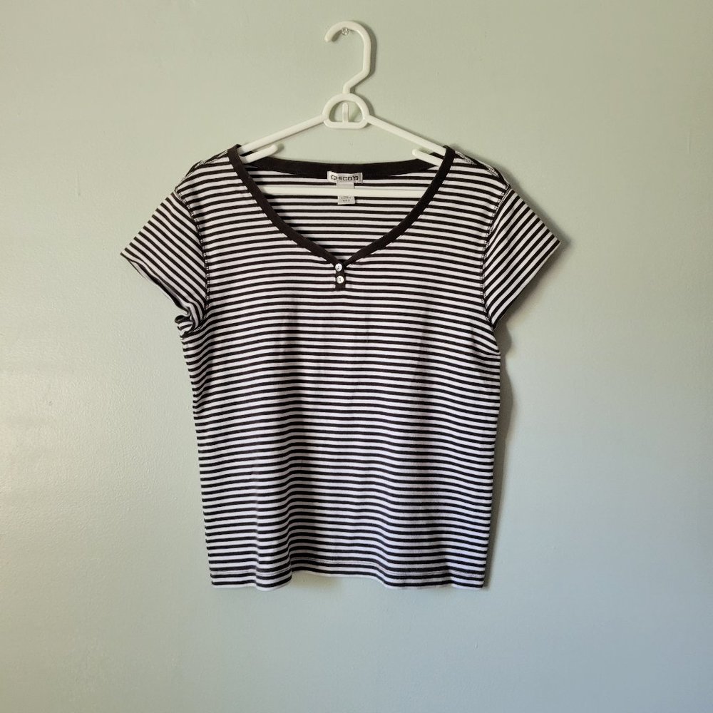 Chico's Striped Shirt Women's Size 3 Brown and White Short Sleeve V-Neck Blouse